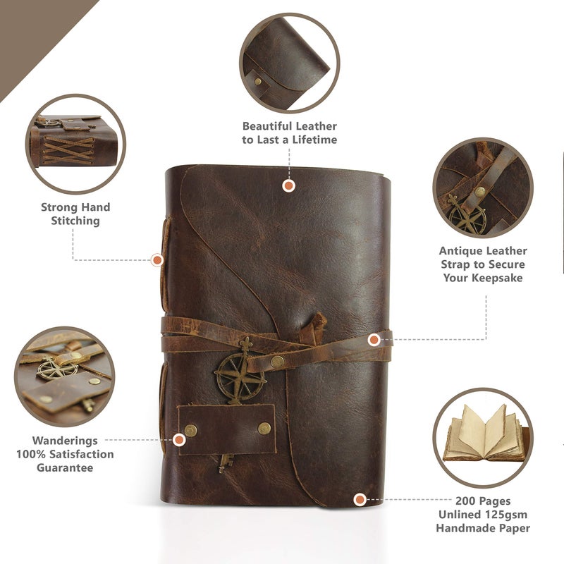 Wanderings Vintage Leather Journal - 7" x 5" - Antique Handmade Leather Bound Journal with Old Fashioned Deckle Edge Paper - Vintage Notebook for Diary, Book of Shadows, Writing, Grimoire, Sketching - Image 4