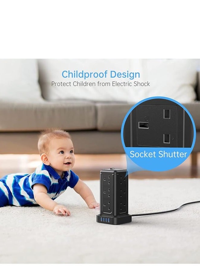 Broadonyx 3M Tower Extension Cord | 12 AC Outlets + 4 USB | Surge-Protected Vertical Power Strip | Space-Saving Charging Station for Home & Office - Image 3