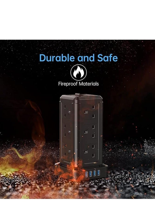 Broadonyx 3M Tower Extension Cord | 12 AC Outlets + 4 USB | Surge-Protected Vertical Power Strip | Space-Saving Charging Station for Home & Office - Image 4