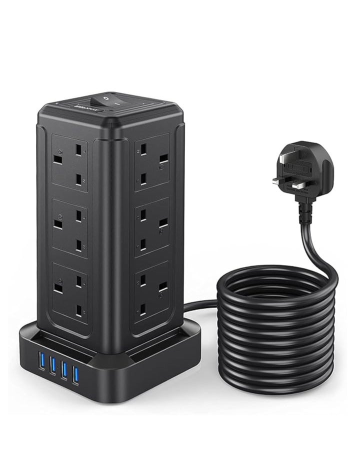 Broadonyx 3M Tower Extension Cord | 12 AC Outlets + 4 USB | Surge-Protected Vertical Power Strip | Space-Saving Charging Station for Home & Office - Image 1