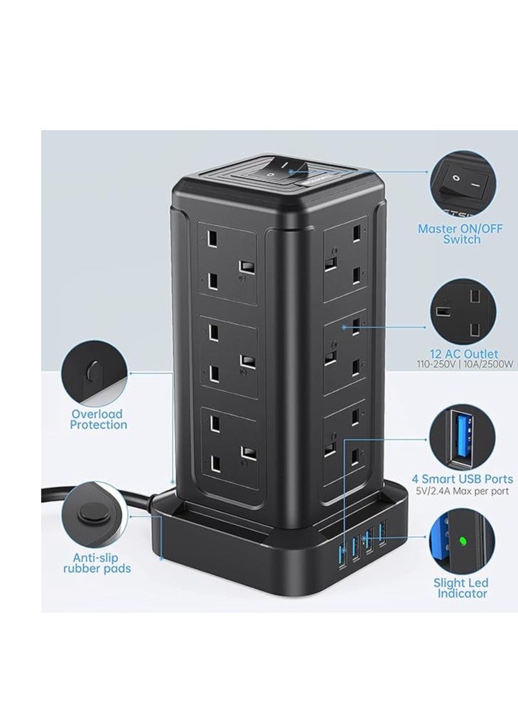 Broadonyx 3M Tower Extension Cord | 12 AC Outlets + 4 USB | Surge-Protected Vertical Power Strip | Space-Saving Charging Station for Home & Office - Image 2