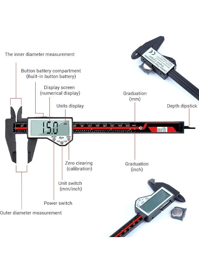 melfi Melfi Electronic Digital Nylon Vernier Caliper - 0-6 Inch/150mm, Inch/Metric Conversion, Extra Large LCD Screen, Auto Off – Precise Measuring Tool in Red/Black  - Image 3