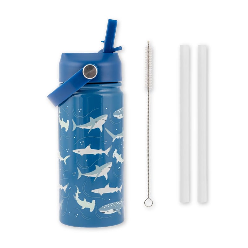 Stephen Joseph 14oz Insulated Stainless Steel Water Bottle with Straw and Handle for Sports Travel and School BPAFree Sports Water Bottle Shark