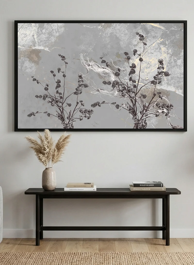 LOWHA Canvas Wall Art Stretched Over Wooden Frame with Black Floating Frame and Abstract Plant Leaves Design