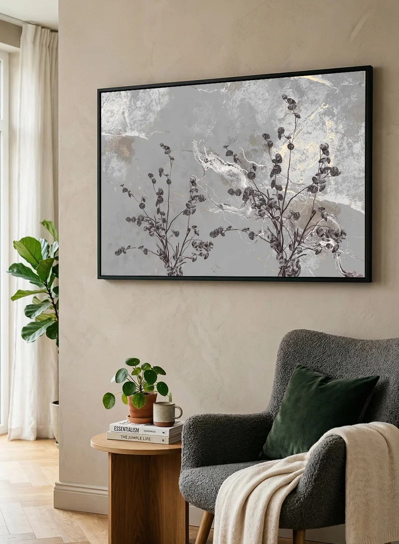 LOWHA Canvas Wall Art Stretched Over Wooden Frame with Black Floating Frame and Abstract Plant Leaves Design
