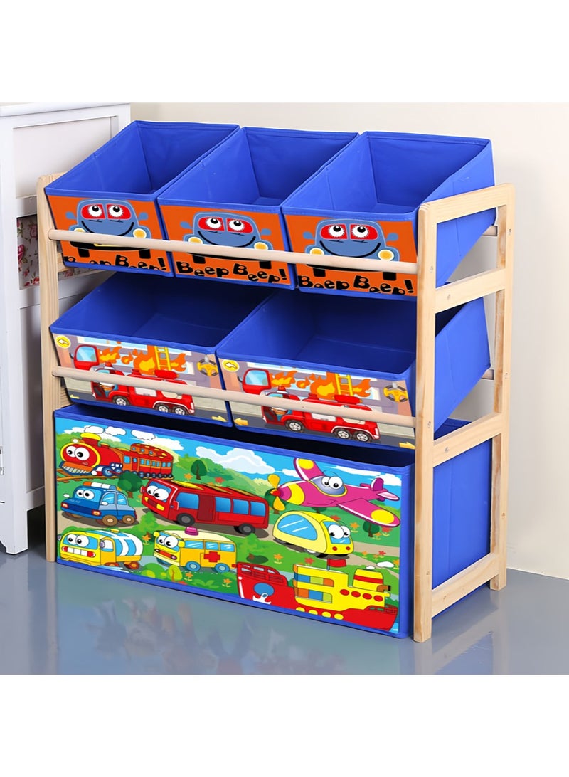 Leon Home 3-Layer Kids Toy Storage Box with 6 Patterned Canvas Box Removable Boxes for Kids Room, Living Room, Toy Box and Storage Cabinet, Toy Storage Box, Toddler Playroom Display Rack (Fire Truck) - Image 1