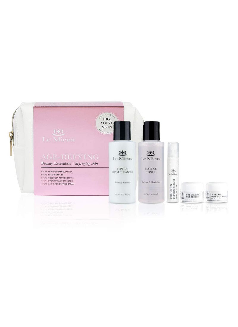 Le Mieux - Le Mieux Age-Defying Beauty Essentials for Dry Skin - 5-Piece Luxury Skincare Facial Set - Peptide Foam Cleanser, Essence Toner, Collagen Peptide Serum, Eye Wrinkle Corrector & 24 Hr Age Defying Cream - Image 1