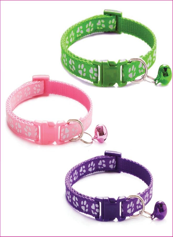 Litvibes Cat Collars Set of 3 with Bell,Kitten & Small Dogs Soft Adjustable Collar Safe,Solid & Protection Breakaway for Cats & Puppies,Cute Kitty with Paw Print-(Green,Light Pink,Purple) - Image 1