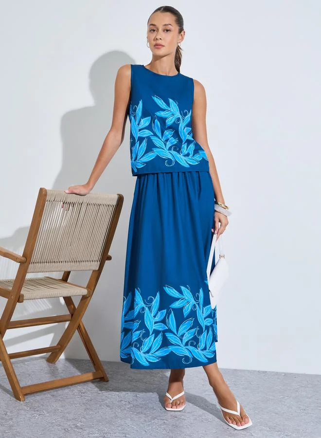Blue Floral Print Sleeveless Top and A-Line Maxi Skirt Set