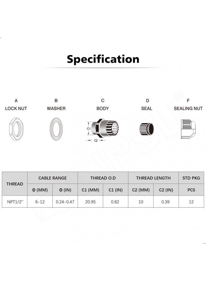QILIPSU 1/2 NPT Nylon Cable Gland, Waterproof IP68 Adjustable Locknut for 6-12mm Cable Diameter (1/2 NPT, 12pcs) - Image 2