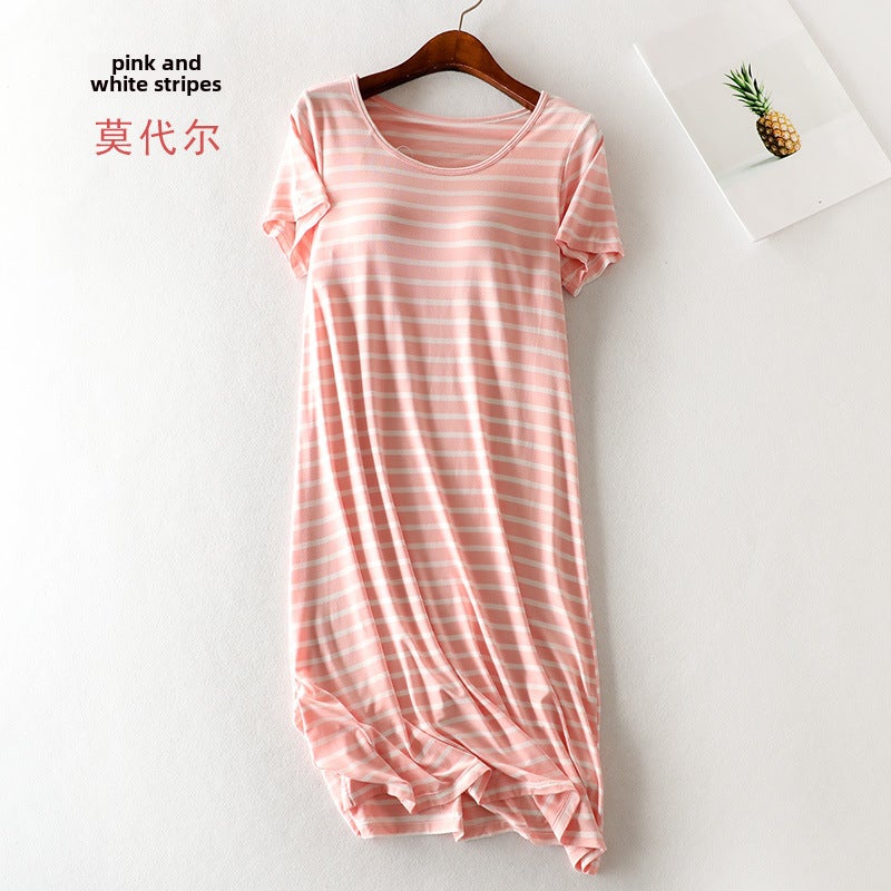 Striped Nightdress with Built-in Bra Pads Pink White Strip (Modal)