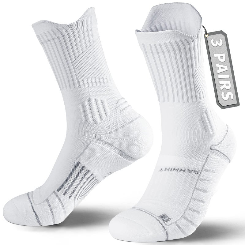 Rahhint Compression Running Socks 3 Pairs, Cushion Crew Socks, Anti-Blister Moisture Wicking Athletic Hiking Basketball Socks - Image 1