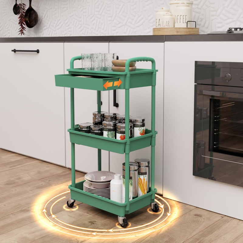 REBECAT 3 Tier Rolling Utility Cart with Drawer,Rolling Storage Cart,Storage Cart for Kitchen,Bathroom,Living Room, Organizer with Iron Wheels(Green) - Image 3