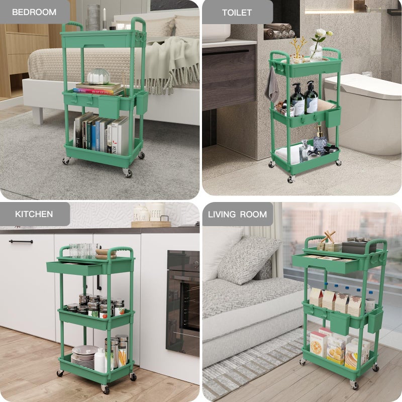 REBECAT 3 Tier Rolling Utility Cart with Drawer,Rolling Storage Cart,Storage Cart for Kitchen,Bathroom,Living Room, Organizer with Iron Wheels(Green) - Image 5