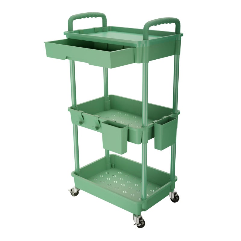 REBECAT 3 Tier Rolling Utility Cart with Drawer,Rolling Storage Cart,Storage Cart for Kitchen,Bathroom,Living Room, Organizer with Iron Wheels(Green) - Image 1