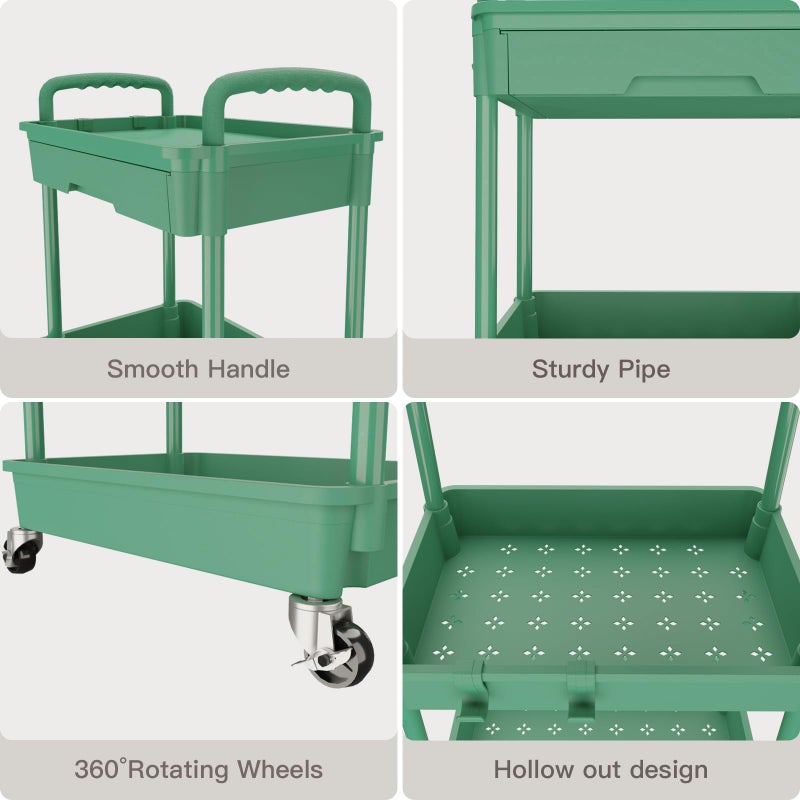 REBECAT 3 Tier Rolling Utility Cart with Drawer,Rolling Storage Cart,Storage Cart for Kitchen,Bathroom,Living Room, Organizer with Iron Wheels(Green) - Image 4