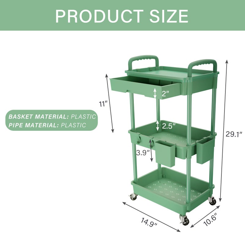 REBECAT 3 Tier Rolling Utility Cart with Drawer,Rolling Storage Cart,Storage Cart for Kitchen,Bathroom,Living Room, Organizer with Iron Wheels(Green) - Image 2