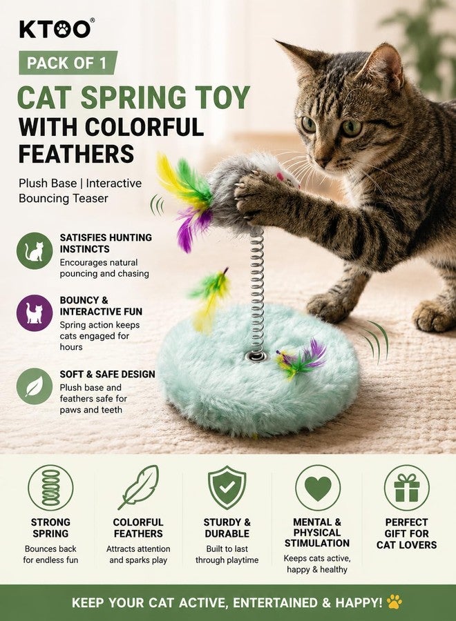 KTOO Interactive Cat Spring Toy with Colorful Feathers & Plush Base, Bouncing Teaser Toy for Indoor Cats & Kittens, Fun Exercise Hunting Training for Active Play, Stress Relief & Entertainment - Image 2