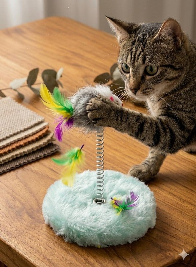 KTOO Interactive Cat Spring Toy with Colorful Feathers & Plush Base, Bouncing Teaser Toy for Indoor Cats & Kittens, Fun Exercise Hunting Training for Active Play, Stress Relief & Entertainment - Image 4