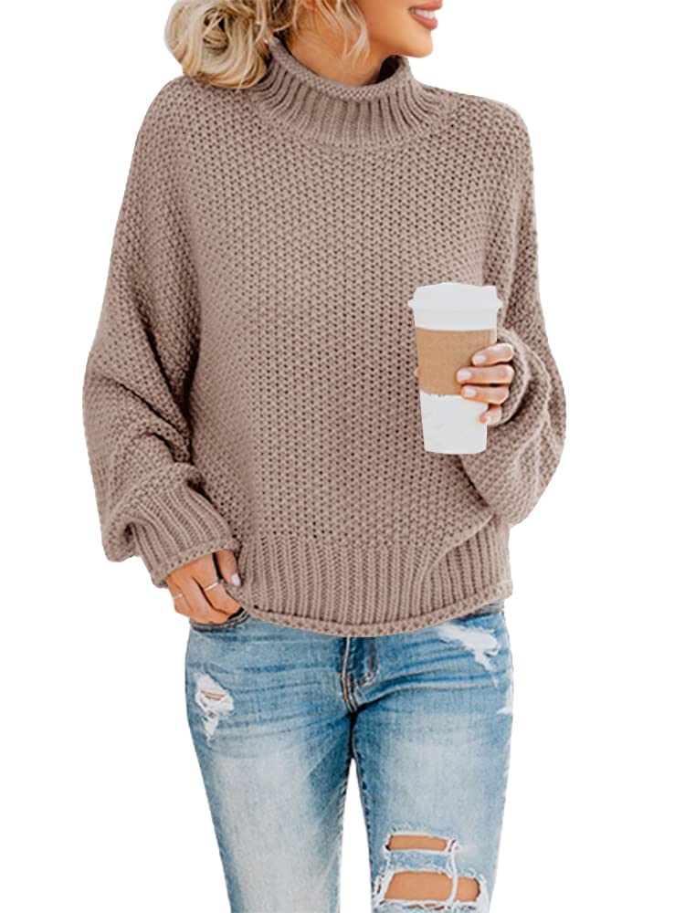 Saodimallsu Womens Turtleneck Sweater Oversized Warm Winter Sweaters Batwing Long Sleeve Cozy Chunky Knit Pullover Tops Tan - Image 1
