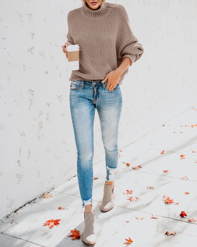 Saodimallsu Womens Turtleneck Sweater Oversized Warm Winter Sweaters Batwing Long Sleeve Cozy Chunky Knit Pullover Tops Tan - Image 5