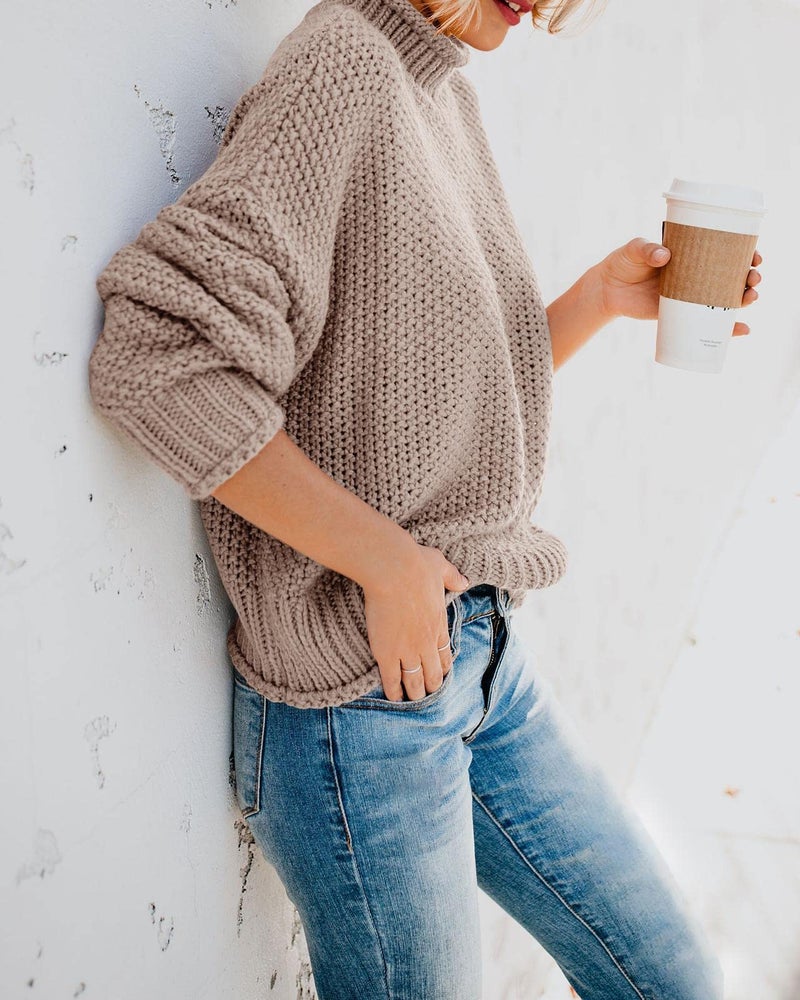 Saodimallsu Womens Turtleneck Sweater Oversized Warm Winter Sweaters Batwing Long Sleeve Cozy Chunky Knit Pullover Tops Tan - Image 3