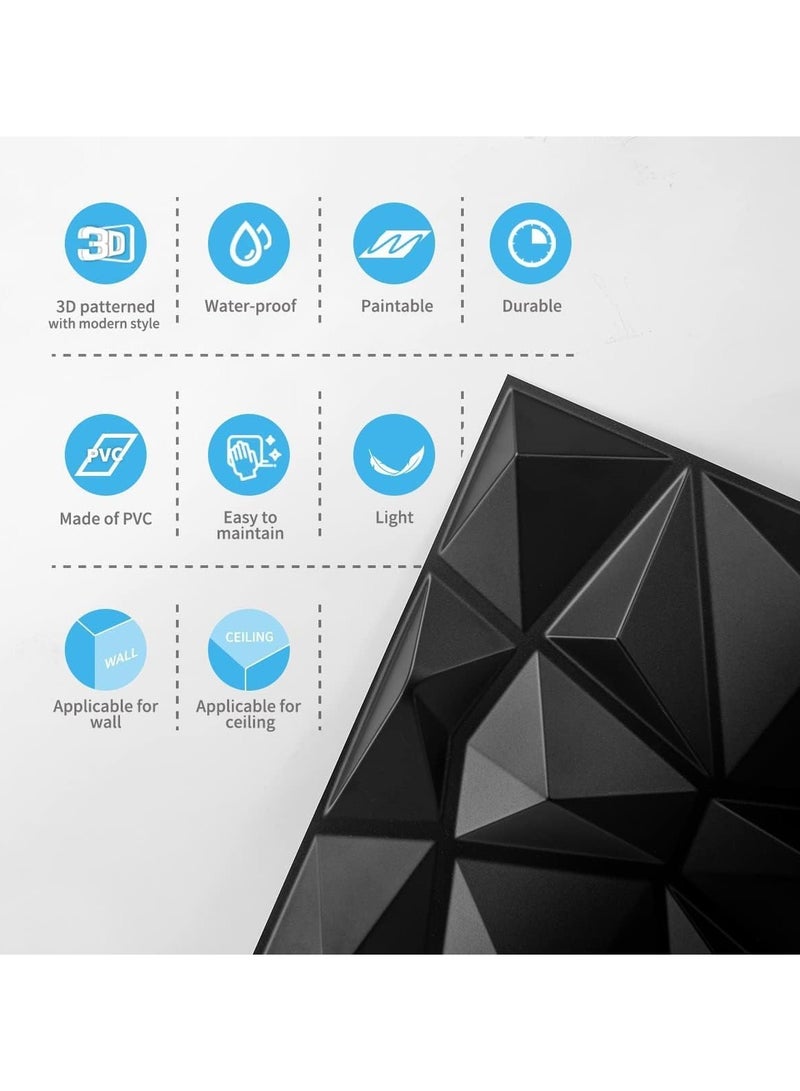 12 قطعة من لوحات الحائط ثلاثية الأبعاد، 19.7 × 19.7 بوصة، ألواح حائط PVC منقوشة بالألماس مقاومة للماء، ورق حائط ذاتي اللصق قابل للإزالة، بلاط حائط داخلي حديث  (أسود) - Image 4