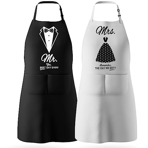 CITTA Wedding Gifts Engagement Gifts for Couples Mr and Mrs Aprons for Couples Gifts, Bridal Shower Gift Anniversary Christmas Gifts for Couple Mr and Mrs Gifts, 2 Pack Apron Gift Set - Image 1
