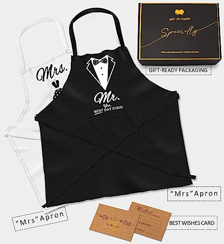 CITTA Wedding Gifts Engagement Gifts for Couples Mr and Mrs Aprons for Couples Gifts, Bridal Shower Gift Anniversary Christmas Gifts for Couple Mr and Mrs Gifts, 2 Pack Apron Gift Set - Image 2
