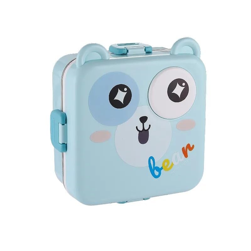 Wosta Lunch Box, Cartoon Lunch Box with Leak Proof Lid and Reusable Steel Spoon & Sauce Containers Ideal for Men, Women’s and Kids School, Office and Travel. (Blue - Bear Design) - Image 1