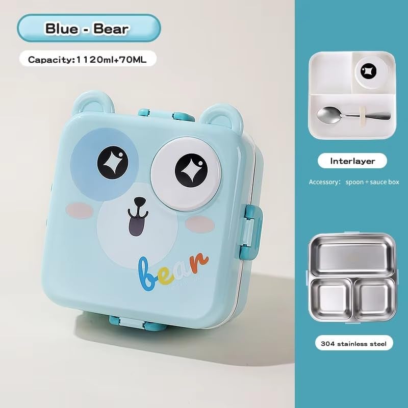 Wosta Lunch Box, Cartoon Lunch Box with Leak Proof Lid and Reusable Steel Spoon & Sauce Containers Ideal for Men, Women’s and Kids School, Office and Travel. (Blue - Bear Design) - Image 2