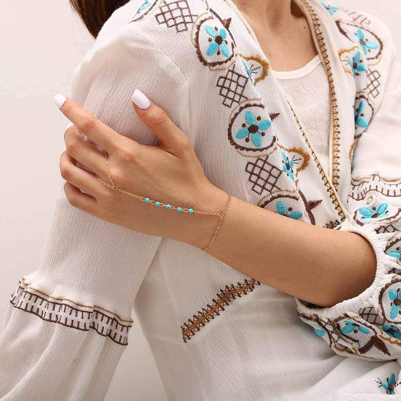 Bomine Turquoise Finger Bracelets Ring Hand Chain Beach Slave Bracelet Jewelry for Women and Girls (Gold) - Image 3
