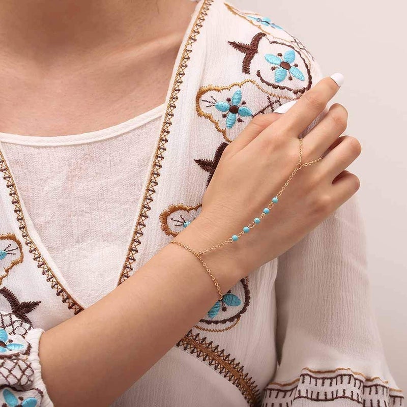 Bomine Turquoise Finger Bracelets Ring Hand Chain Beach Slave Bracelet Jewelry for Women and Girls (Gold) - Image 2