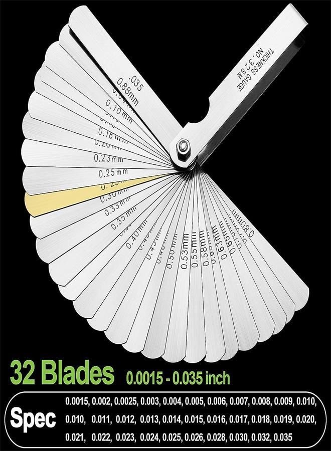 Universal Feeler Gauge Set Stainless Steel Thickness Gauge 32 Blades 0.04-0.88 mm (0.0015-0.035 Inch) Metric/Imperial for Measuring Gap Width and Thickness for Guitar, Spark Plug, Piston Measure  - Image 2