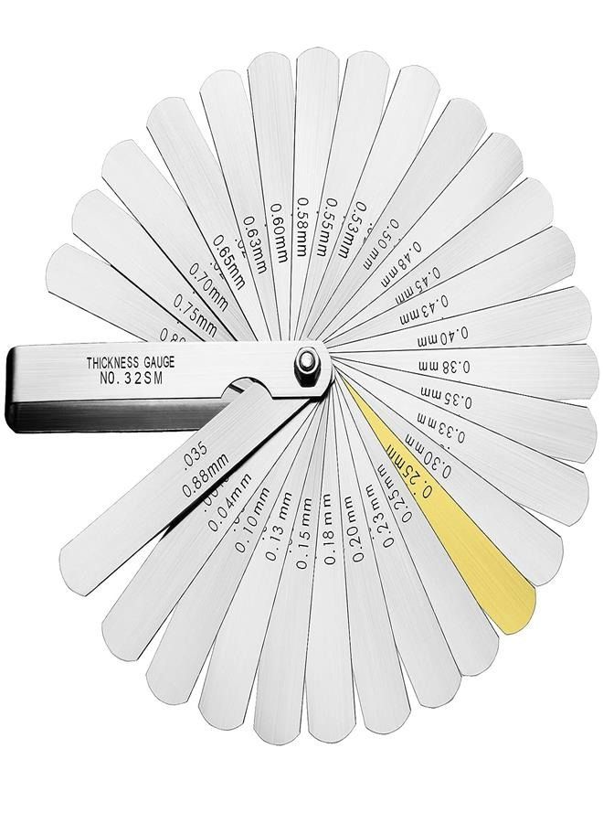 Universal Feeler Gauge Set Stainless Steel Thickness Gauge 32 Blades 0.04-0.88 mm (0.0015-0.035 Inch) Metric/Imperial for Measuring Gap Width and Thickness for Guitar, Spark Plug, Piston Measure  - Image 1