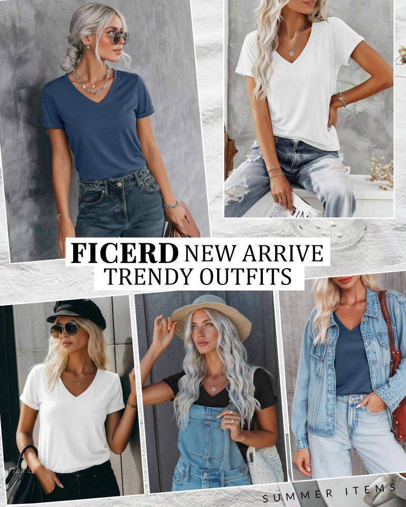Ficerd تي شيرتات نسائية على شكل حرف V من فيسرد - عبوة 3، قمصان صيفية عصرية بأكمام قصيرة، تصميم فضفاض بأكمام مطوية (أسود، أبيض، أزرق ضبابي، كبير) - Image 2