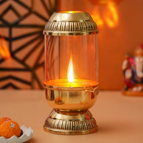Webelkart Premium Pure Brass Akhand Diya with Adjustable Bati,with Screw Lever for Puja, Akhand Jyot Diya for Diwali Decor Pooja Decor Item 100% Pure Brass (6 Inches) - Image 1