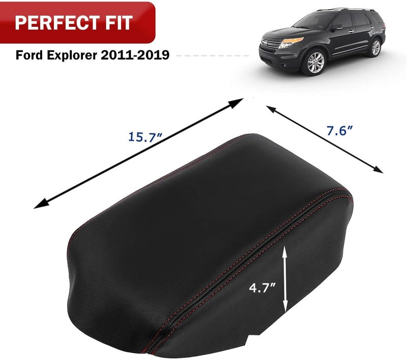 KBH Auto Center Console Armrest Cover for Ford Explorer 2011-2018 - Black with Red Stitch - Image 5