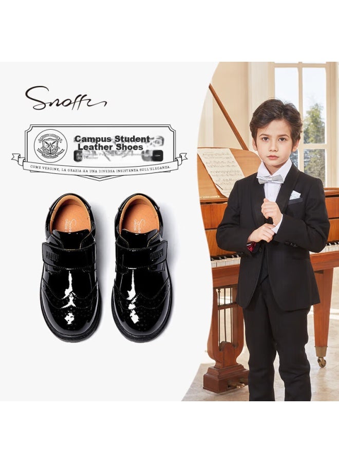 Snoffy Sinafei Boys' Leather Shoes, Spring And Autumn Children's Casual School Shoes, Performance Black Leather Shoes, Big Kids' Soft-soled Shoes, Glossy Black, Size 35 - Image 1