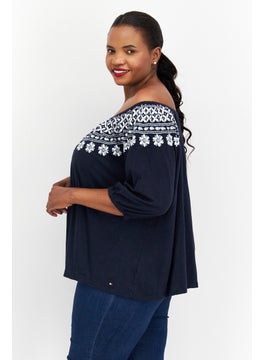 Women Plus Size Off-Shoulder Neckline Short Sleeves Embroidered  Blouse, Navy - pzsku/Z4A58363D17DEFFEC4593Z/45/_/1728336189/5877612f-045d-4647-b77f-68e1989c4f25