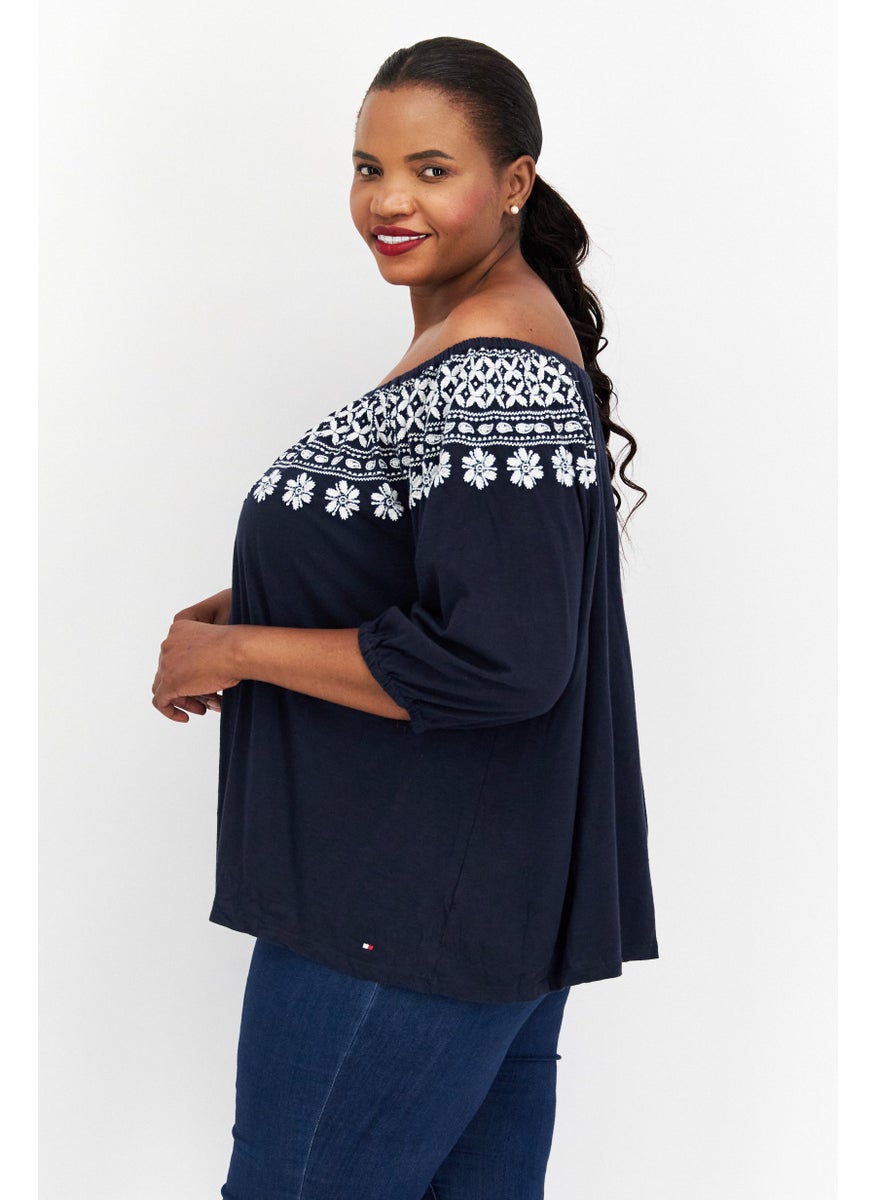 Women Plus Size Off-Shoulder Neckline Short Sleeves Embroidered  Blouse, Navy - pzsku/Z4A58363D17DEFFEC4593Z/45/_/1728336189/5877612f-045d-4647-b77f-68e1989c4f25