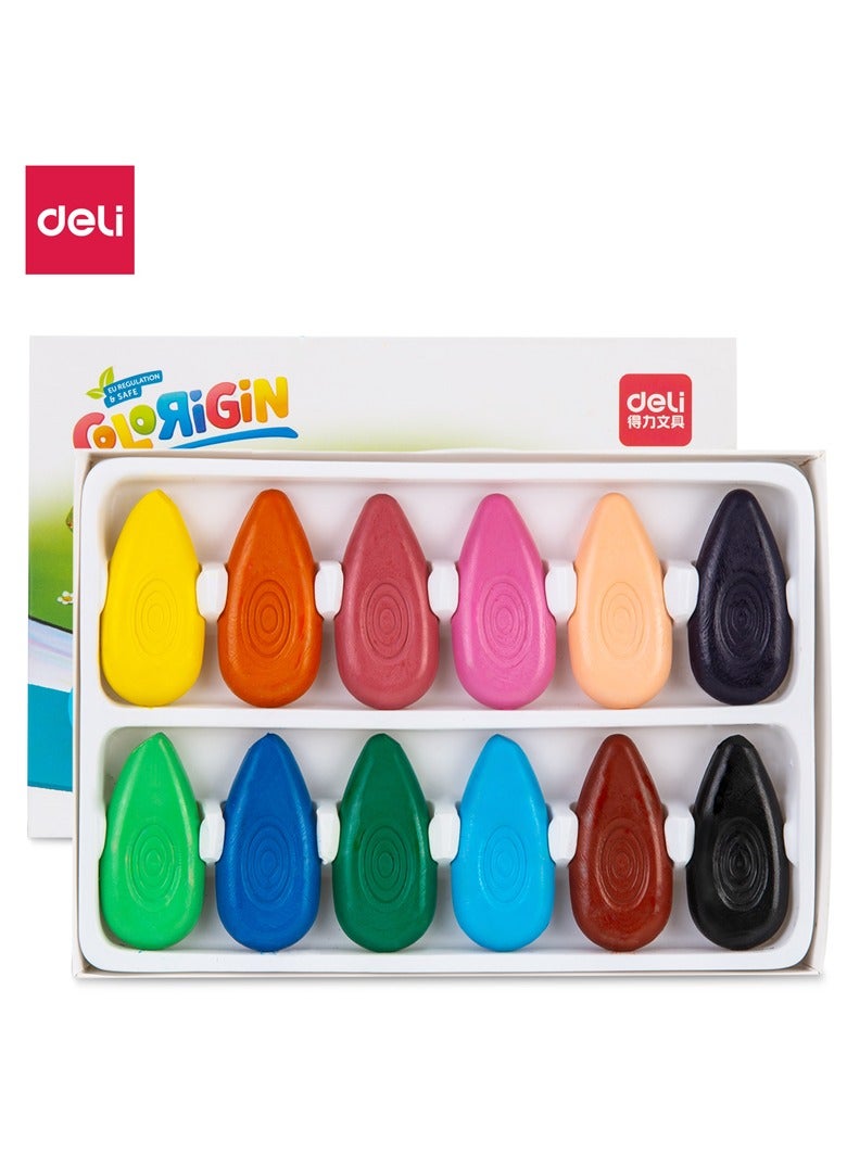 Deli 72074-12 Crayon Set, 12-Color Ergonomic Crayons – Washable, Non-Toxic, Waterdrop Shape, Smooth Coloring, Break-Resistant, Easy Storage.
