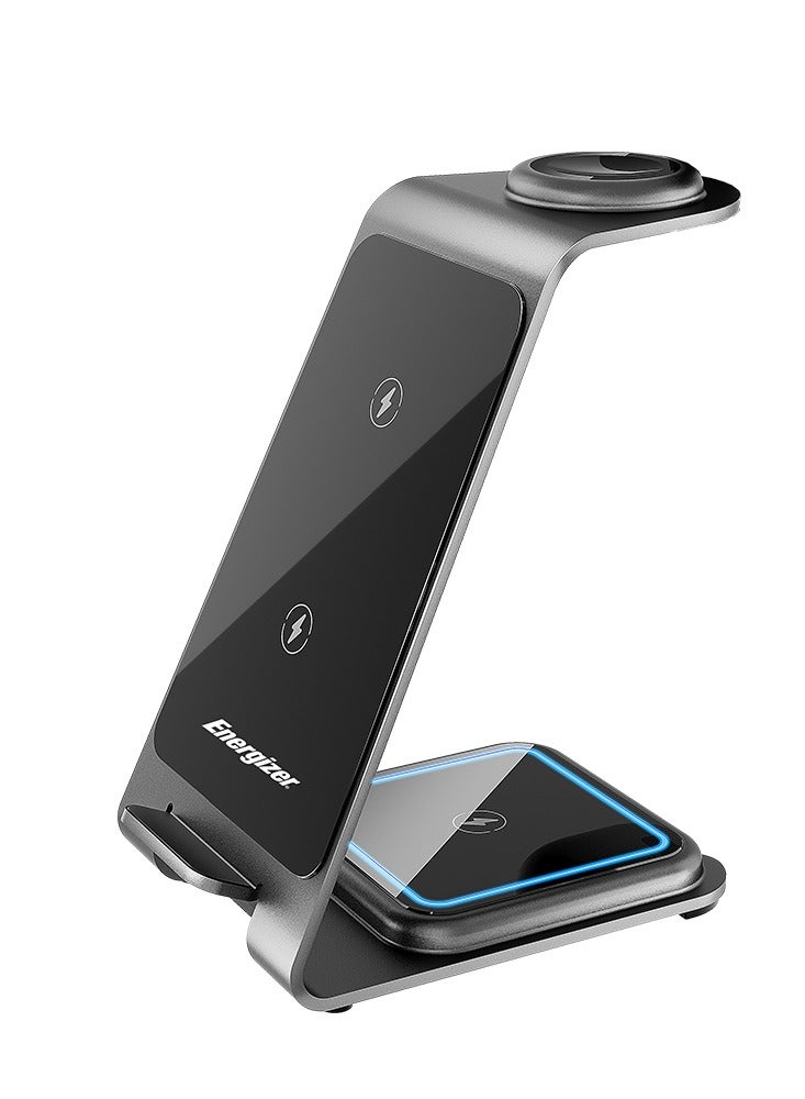 Energizer WCP302 3-In-1 Wireless Charging Stand, Universal Compatibility, Fast Charging, 15W Max, Minimal Heat Silver - Image 1