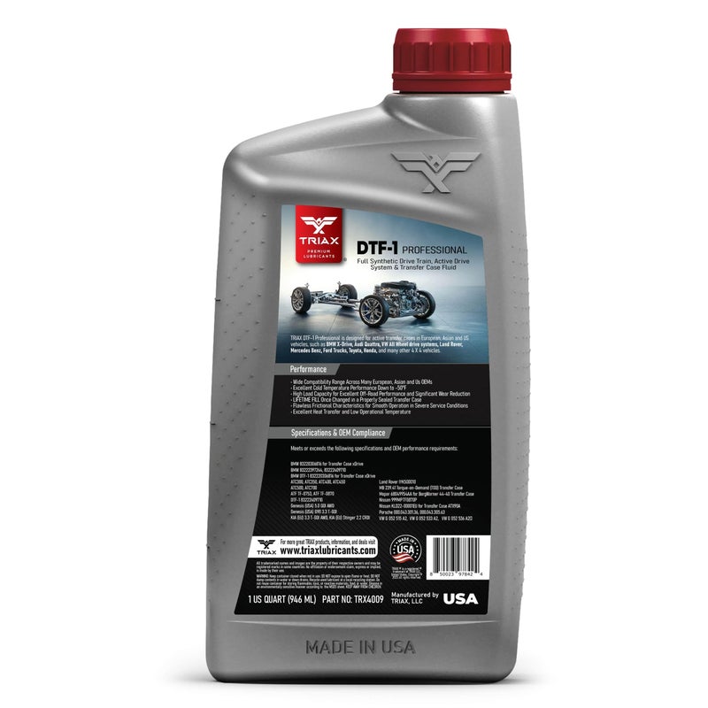 TRIAX DTF-1 Professional Transfer Case Fluid Full Synthetic, Lifetime Fill, All Season Down to -60 F, Compatible with BMW Xdrive, Audi/VW Quattro, Range Rover, Ford, Porsche & Many AWD (1 Quart) - Image 2
