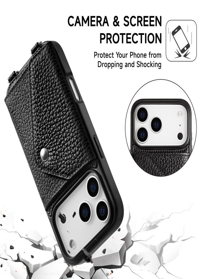 LUCKYCOIN Crossbody Phone Case for iPhone 17 Pro,Genuine Pebble Leather Wallet Case with Expandable Flip Card Holder,Black Phone Purse for Women with Adjustable Removable Strap,for Travel/Parties - Image 2