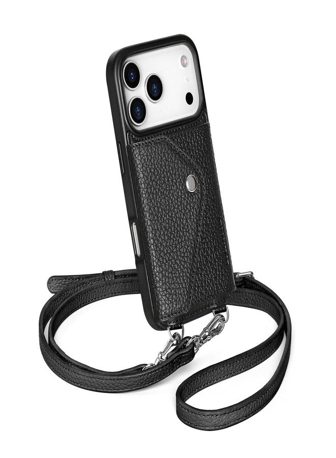 LUCKYCOIN Crossbody Phone Case for iPhone 17 Pro,Genuine Pebble Leather Wallet Case with Expandable Flip Card Holder,Black Phone Purse for Women with Adjustable Removable Strap,for Travel/Parties - Image 1