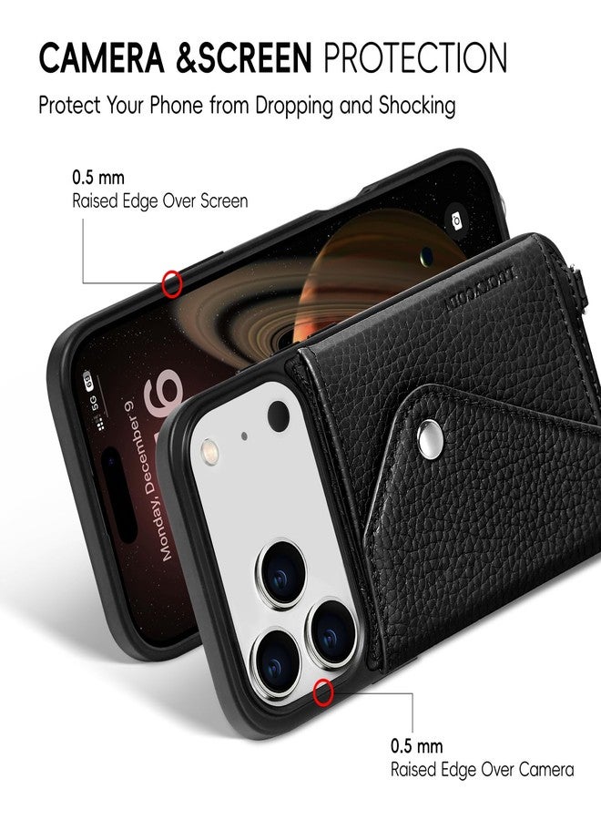 LUCKYCOIN Crossbody Phone Case for iPhone 17 Pro,Genuine Pebble Leather Wallet Case with Expandable Flip Card Holder,Black Phone Purse for Women with Adjustable Removable Strap,for Travel/Parties - Image 3