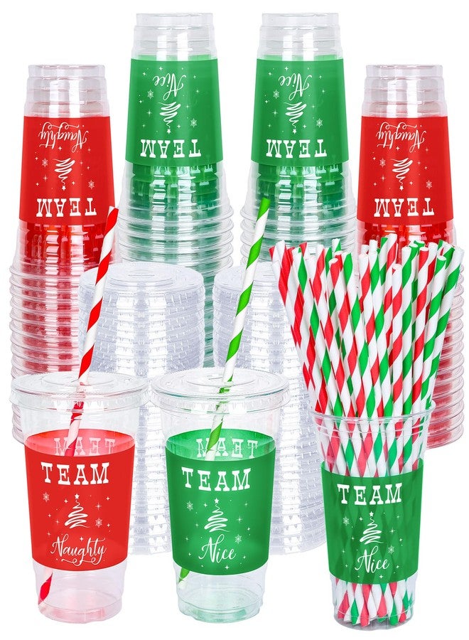 JarThenaAMCS 50 Pcs 12oz Christmas Plastic Cups with Lids and Straws Red Green Team Naughty or Nice Xmas Disposable Party Cups for Beverages Drinks Holiday Party Supplies - Image 1