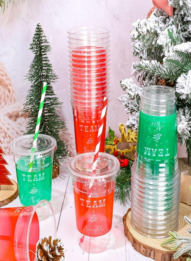 JarThenaAMCS 50 Pcs 12oz Christmas Plastic Cups with Lids and Straws Red Green Team Naughty or Nice Xmas Disposable Party Cups for Beverages Drinks Holiday Party Supplies - Image 5