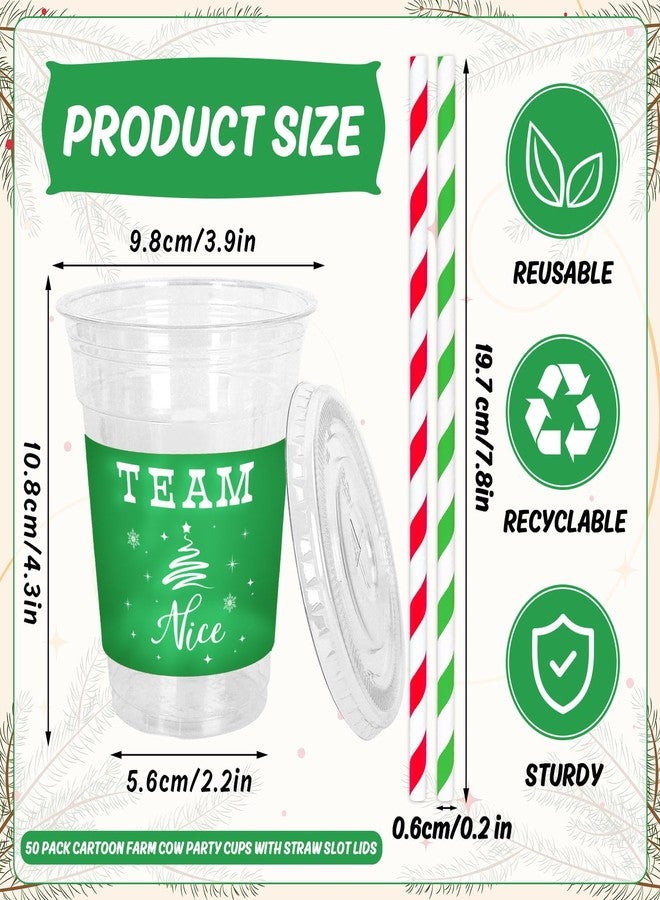 JarThenaAMCS 50 Pcs 12oz Christmas Plastic Cups with Lids and Straws Red Green Team Naughty or Nice Xmas Disposable Party Cups for Beverages Drinks Holiday Party Supplies - Image 2